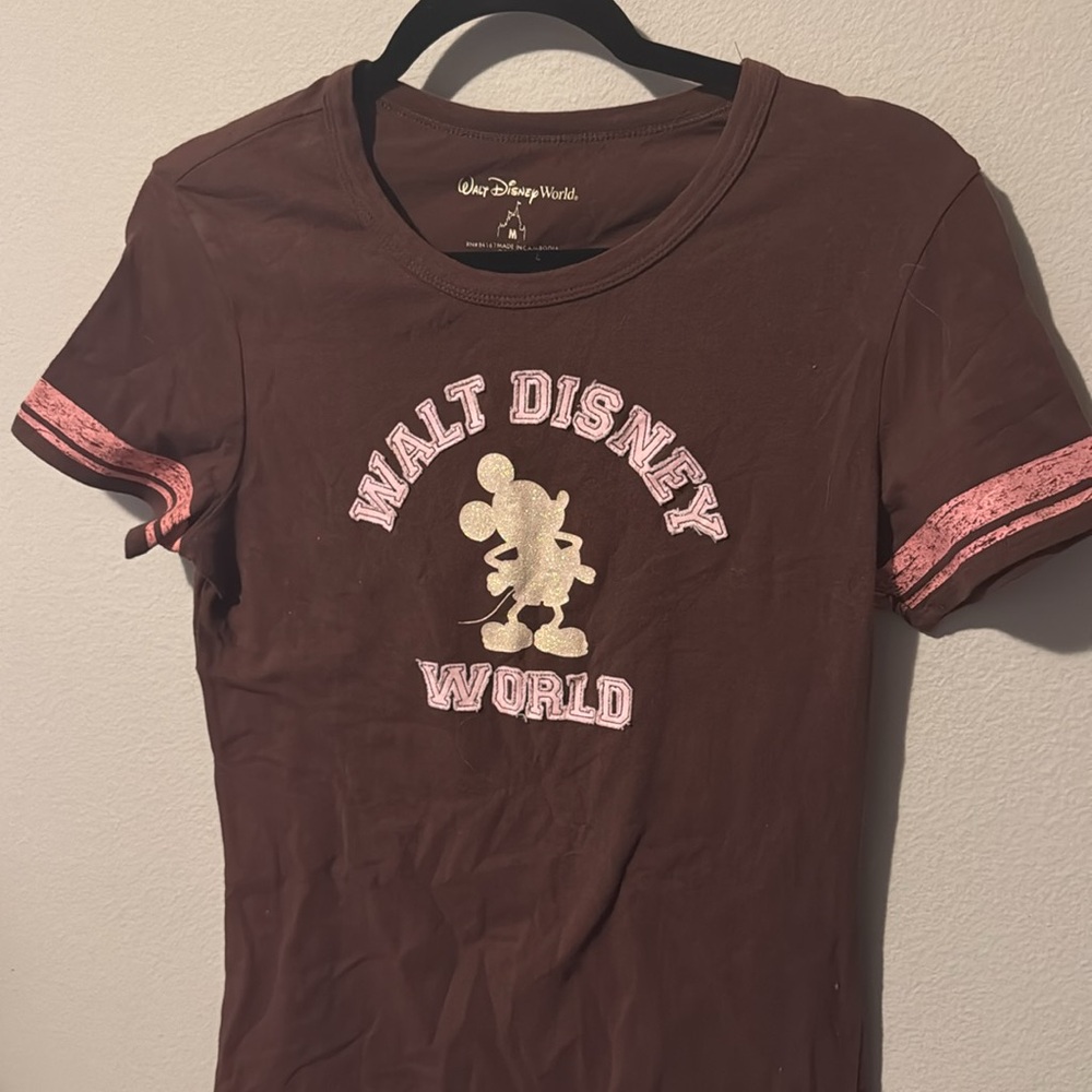 Walt Disney World Brown Short Sleeve Shirt Glitter Mickey Mouse Womens Medium - Picture 7 of 8